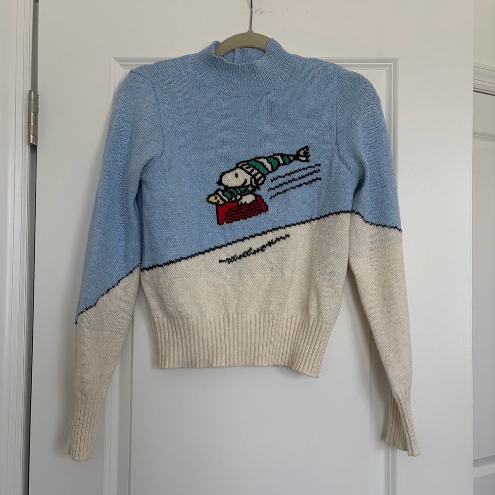Light Blue and Cream Women's Knit Sweater with Sledding Graphic